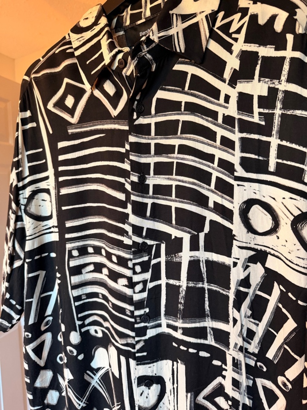 Bershka Black & White Abstract Graphic Button-Down Shirt